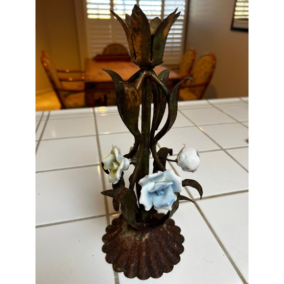 Vintage Metal Candlestick Holder Floral Design With Ceramic Flowers Rustic Charm